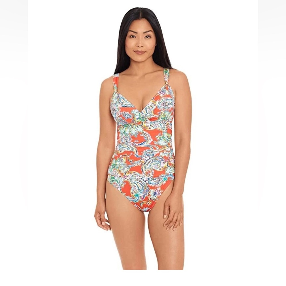 Lauren Ralph Lauren Paisley Surplice One-Piece EB1941 Womens Swimsuit Size 14